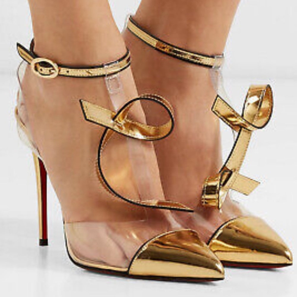 Christian Louboutin Alta Firma 100 Gold PVC T Strap Ankle Heel Sandal Pump 39.5